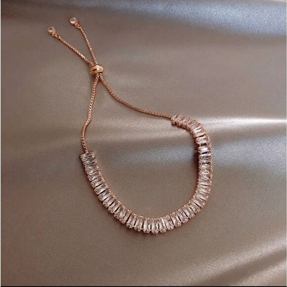 Rose Gold Adjustable Baguette Diamond CZ Stone Bracelet Geometric Tassel - Picture 1 of 2